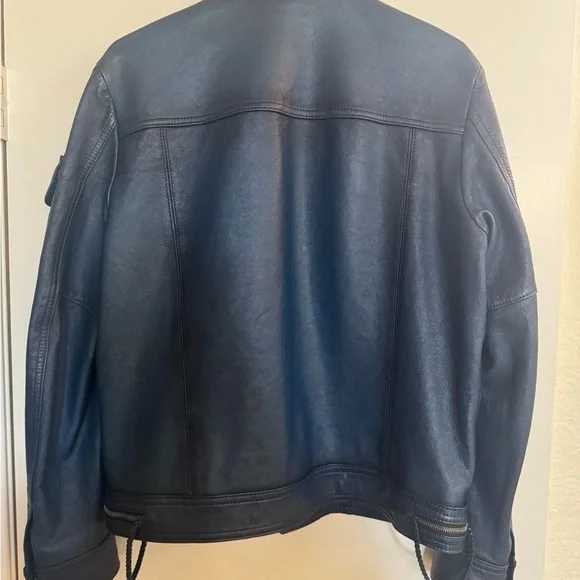 Coach Men's Dark Blue Leather Moto Jacket - Picture 3 of 8